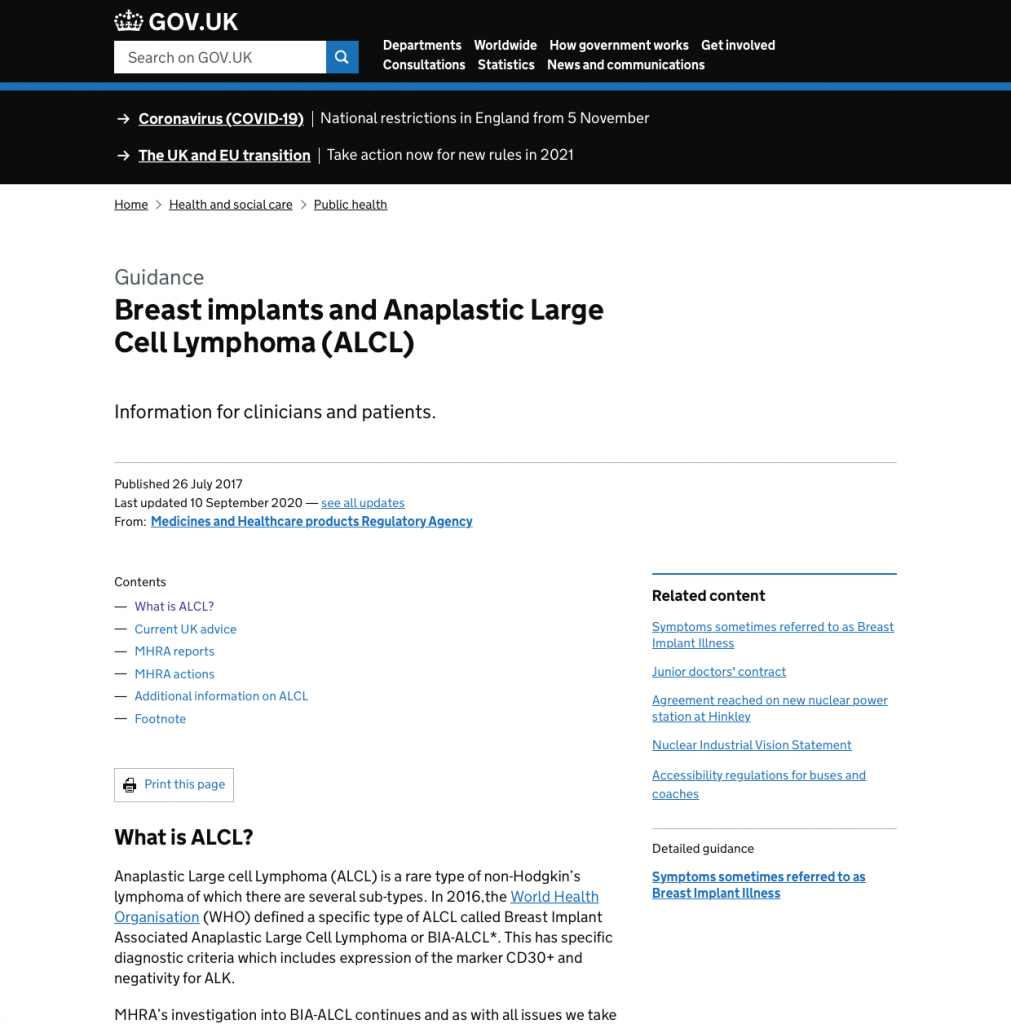 Government ALCL Breast Implant guidance website